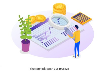 Cryptocurrency mining, exchange, blockchain isometric. Vector illustration.