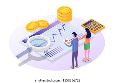 Cryptocurrency mining, exchange, blockchain isometric. Vector illustration.