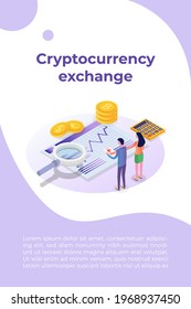 Cryptocurrency mining, exchange, blockchain isometric. Vector illustration.