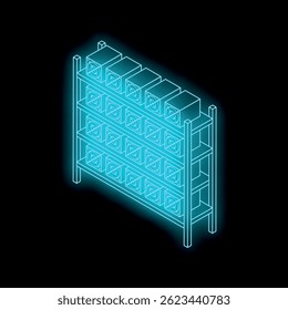 Cryptocurrency mining farm with asic devices generating digital currency on metal rack, isometric view on black background