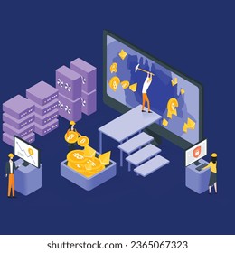 Cryptocurrency mining farm. Bitcoin, ethereum cryptocurrency and blockchain technology in flat isometric with group of people working together