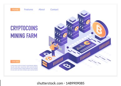 Cryptocurrency mining farm. Bitcoin financial transactions, Digital currency. Crypto mining, blockchain 3d concept. Crypto currency market landing page vector illustration.
