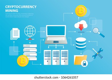 Cryptocurrency mining farm and blockchain. Modern infographic laptop connected to network.