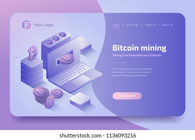 Cryptocurrency mining farm. Cryptocurrency and Blockchain technology, bitcoin creation. 3D isometric crypto mining concept. Vector illustration