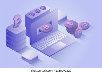 Cryptocurrency mining farm. Cryptocurrency and Blockchain technology, bitcoin creation. 3D isometric crypto mining concept. Vector illustration