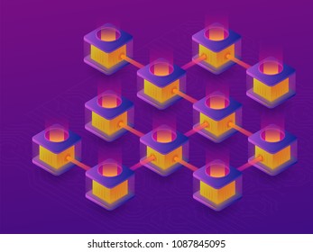 Cryptocurrency mining farm. Creation of bitcoins. 3d isometric vector illustration.