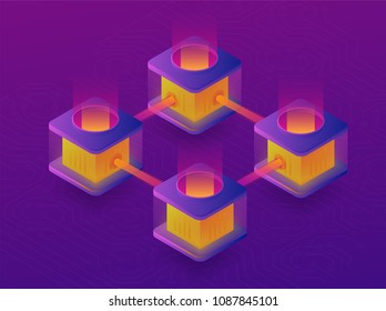 Cryptocurrency mining farm. Creation of bitcoins. 3d isometric vector illustration.