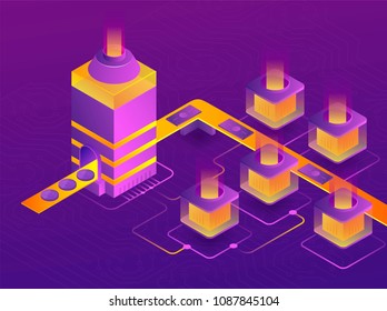 Cryptocurrency mining farm. Creation of bitcoins. 3d isometric vector illustration.