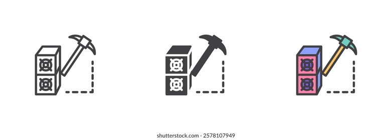 Cryptocurrency mining farm different style icon set. Line, glyph and filled outline colorful version, outline and filled vector sign. Pickaxe and vga symbol, logo illustration. Vector graphics