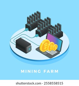 Cryptocurrency mining farm generating bitcoin on a laptop, connected to a power supply unit, illustrating the process of mining digital currency using powerful hardware