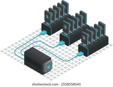 Cryptocurrency mining farm generating digital currency with multiple usb connected devices and power supply, representing blockchain technology and investment in isometric view