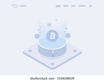 Cryptocurrency mining farm isometric concept. Blockchain and Digital money vector illustration. Bitcoin, Litecoin, Ethereum crypto currency mining farm website template and landing page.