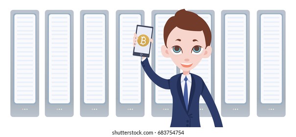 Cryptocurrency mining farm and man with smartphone in hand. Mobile bitcoin wallet app. Vector illustration by flat style in white background.