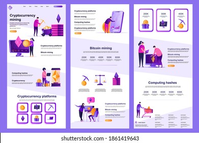 Kryptowährungs-Bergbauflaeche Landungsseite. Kryptowährungsplattform, Bitcoin Mining Corporate Website Design. Webbanner mit Header, mittlerem Inhalt, Fußzeile. Vektorgrafik mit Menschen-Zeichen.