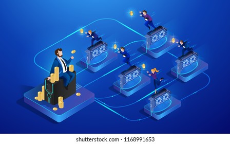 Cryptocurrency Mining and Globalization. Finance and Digital Technology. Hidden Crowd Management in Trading. Cryptocurrency Business Concept and Blockchain. Vector Isometric Illustration.
