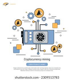 Cryptocurrency mining, GPU flat contour style vector concept illustration