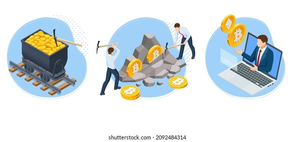 Cryptocurrency mining GPU-farm. Cryptocurrency and blockchain isometric composition. Big data processing. Platform services for exchange and sale bitcoin crypto currency