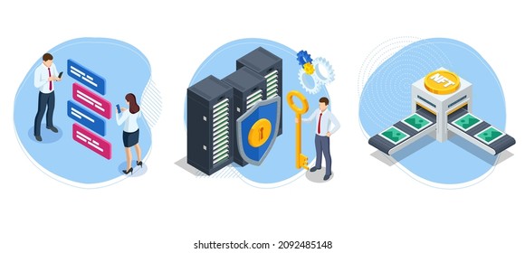 Cryptocurrency mining GPU-farm. Cryptocurrency and blockchain isometric composition. Big data processing. Platform services for exchange and sale bitcoin crypto currency