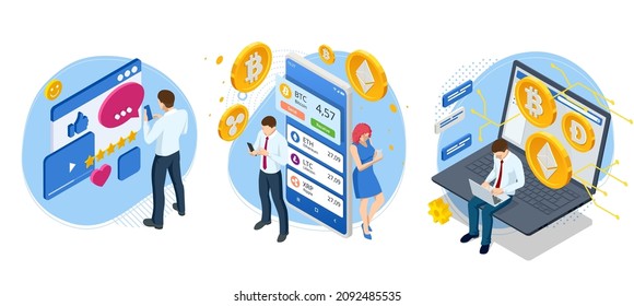 Cryptocurrency mining GPU-farm. Cryptocurrency and blockchain isometric composition. Big data processing. Platform services for exchange and sale bitcoin crypto currency