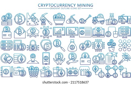 Cryptocurrency mining gradient outline icon set. bitcoin ethereum, fintech pictograms for web and mobile app GUI. Blockchain technology simple UI, UX vector icons, EPS 10 ready convert to SVG svg