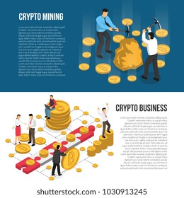 Cryptocurrency mining hardware investment maintaining operations and profit guide 2 isometric banners with text isolated vector illustration 