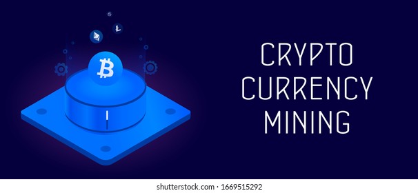 Cryptocurrency mining horizontal isometric concept. Blockchain, digital money vector illustration. Bitcoin, Litecoin, Ethereum crypto currency mining farm header and footer banner template with text.