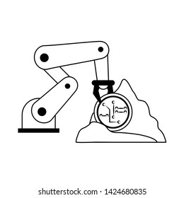 Cryptocurrency mining with hydraulic arm and rock cartoon vector illustration graphic design