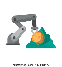 Cryptocurrency mining with hydraulic arm and rock cartoon vector illustration graphic design