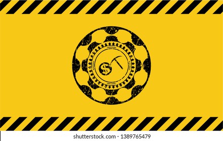 cryptocurrency mining icon black grunge emblem with yellow background. Vector Illustration. Detailed.