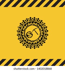 cryptocurrency mining icon black grunge emblem with yellow background. Vector Illustration. Detailed.