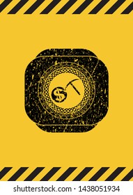 cryptocurrency mining icon black grunge emblem with yellow background. Vector Illustration. Detailed.