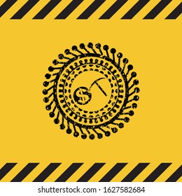 cryptocurrency mining icon black grunge emblem with yellow background. Vector Illustration. Detailed.