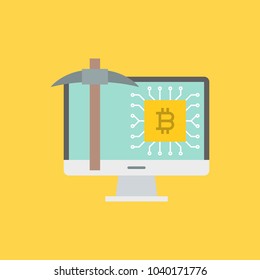 Cryptocurrency mining icon concept, pickaxe and computer in flat style