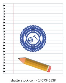 cryptocurrency mining icon draw (pen strokes). Blue ink. Vector Illustration. Detailed.