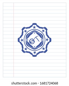 cryptocurrency mining icon drawn with pen strokes. Blue ink. Vector Illustration. Detailed.