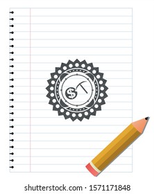 cryptocurrency mining icon emblem draw with pencil effect. Vector Illustration. Detailed.