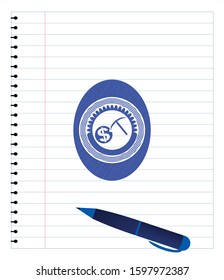 cryptocurrency mining icon emblem draw with pen effect. Blue ink. Vector Illustration. Detailed.