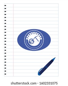 cryptocurrency mining icon emblem drawn with pen. Blue ink. Vector Illustration. Detailed.