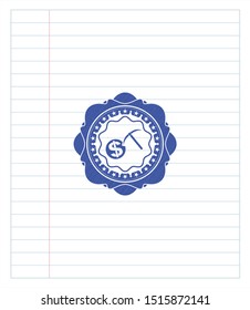 cryptocurrency mining icon emblem with pen effect. Blue ink. Vector Illustration. Detailed.
