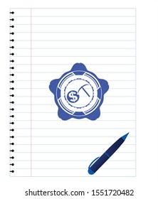 cryptocurrency mining icon emblem with pen effect. Blue ink. Vector Illustration. Detailed.