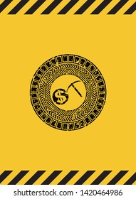 cryptocurrency mining icon grunge black emblem with yellow background, warning sign. Vector Illustration. Detailed.