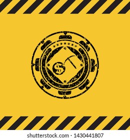 cryptocurrency mining icon grunge black emblem with yellow background, warning sign. Vector Illustration. Detailed.