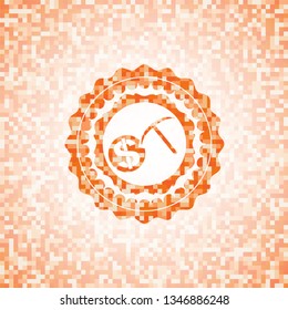 cryptocurrency mining icon inside abstract emblem, orange mosaic background