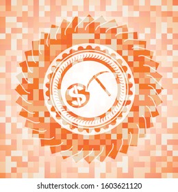 cryptocurrency mining icon inside abstract orange mosaic emblem
