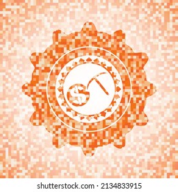 cryptocurrency mining icon inside abstract orange mosaic emblem. 