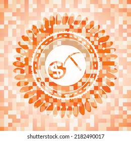 cryptocurrency mining icon inside abstract orange mosaic emblem. 
