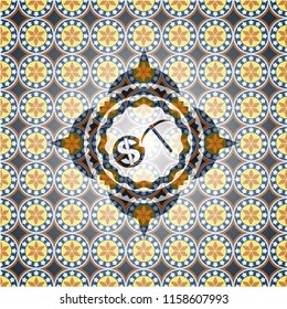 cryptocurrency mining icon inside arabesque badge background. arabic decoration.