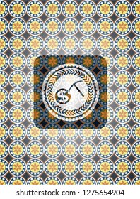 cryptocurrency mining icon inside arabesque badge. arabic decoration.