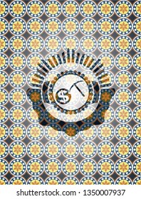 cryptocurrency mining icon inside arabesque style emblem. arabic decoration.