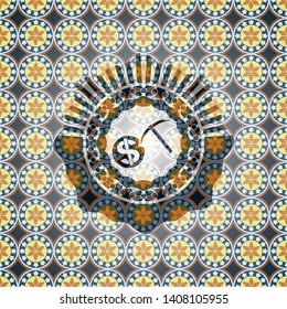 cryptocurrency mining icon inside arabesque badge. arabic decoration.